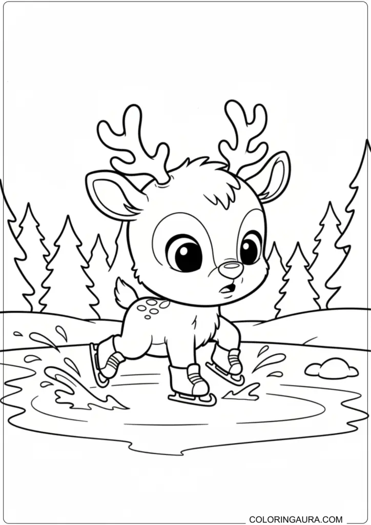 Cute baby reindeer ice skating on a frozen pond in a winter forest coloring page