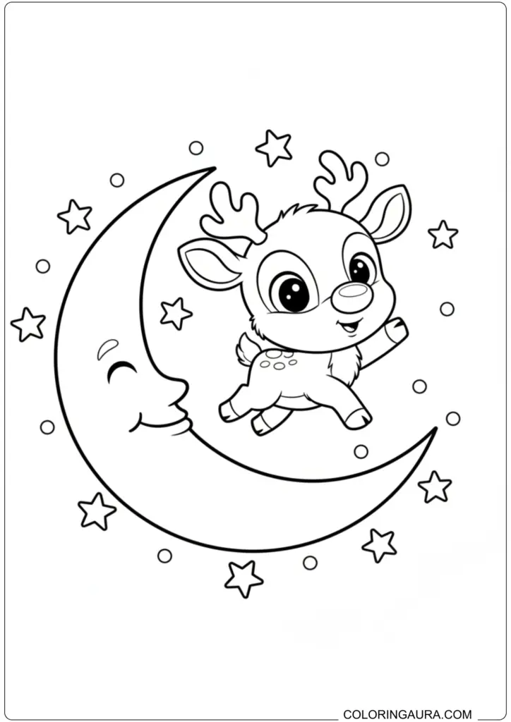 Cute baby reindeer flying next to a smiling crescent moon and stars printable coloring page