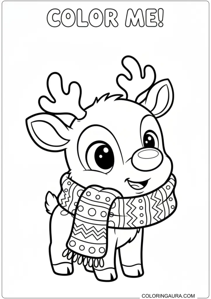 Cute baby reindeer wearing a patterned winter scarf with Color Me text printable coloring page