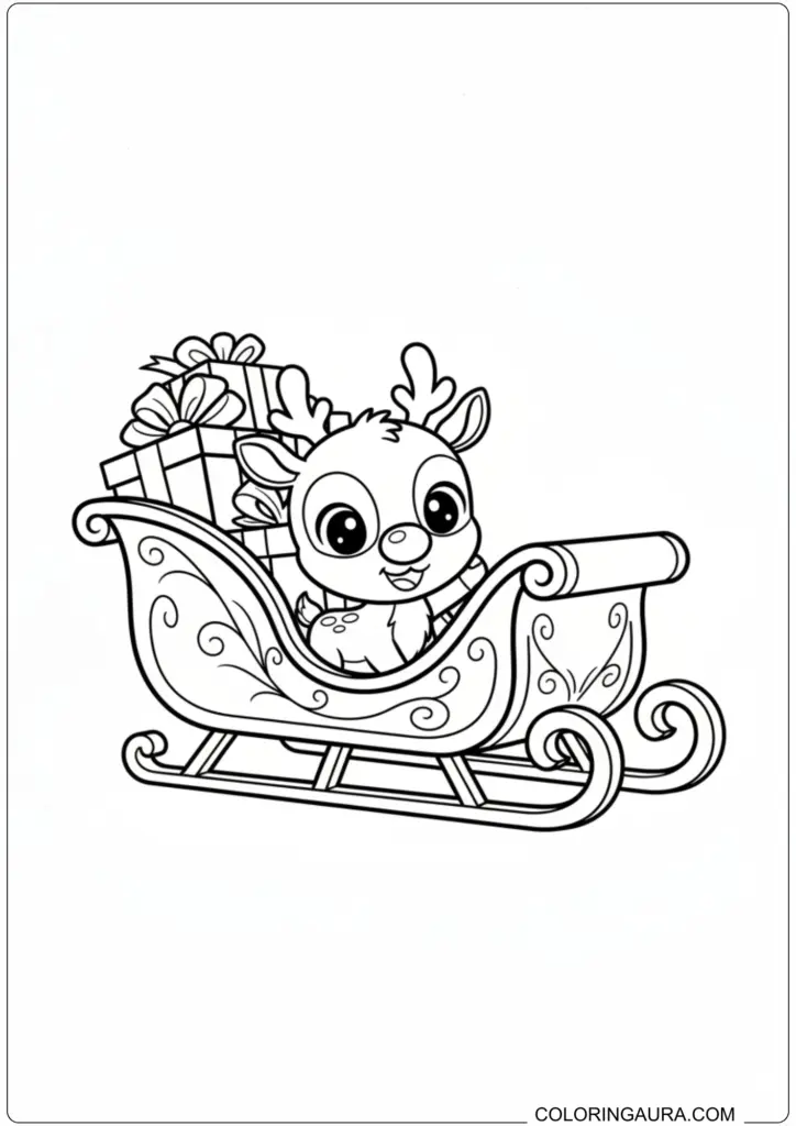 Cute baby reindeer sitting in Santa's sleigh with Christmas gifts printable coloring page