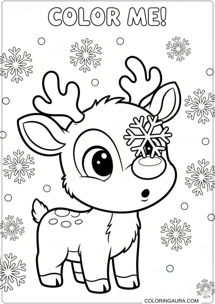 Surprised baby reindeer with a large snowflake on its nose printable coloring page for kids