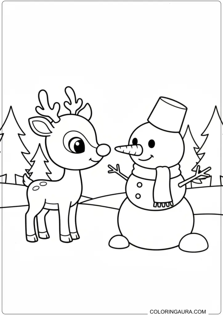 Cute baby reindeer standing nose-to-nose with a snowman in a snowy forest printable coloring page