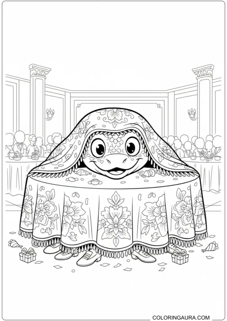 A cute reptile peeking out from under a large floral tablecloth at a wedding reception.