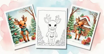 Preview of cute Rudolph coloring page with colored examples and printable outline.