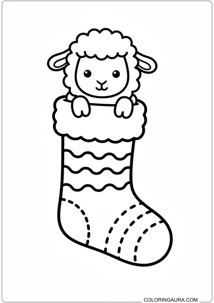Adorable fluffy sheep peeking out of a striped Christmas stocking coloring page for kids.