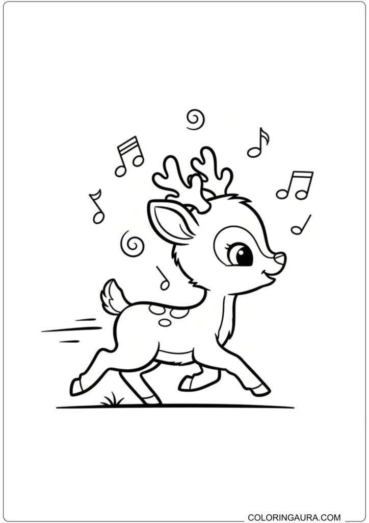 Cute baby reindeer dancing with musical notes printable coloring page for kids