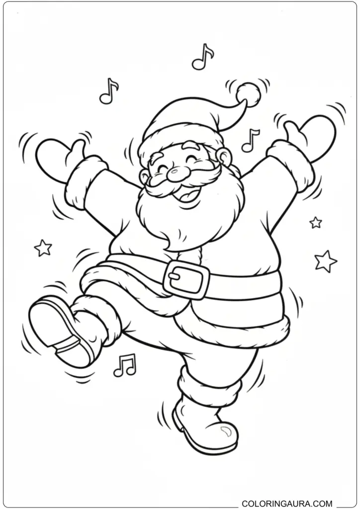 Jolly Santa Claus happily dancing with arms outstretched, surrounded by musical notes and stars.