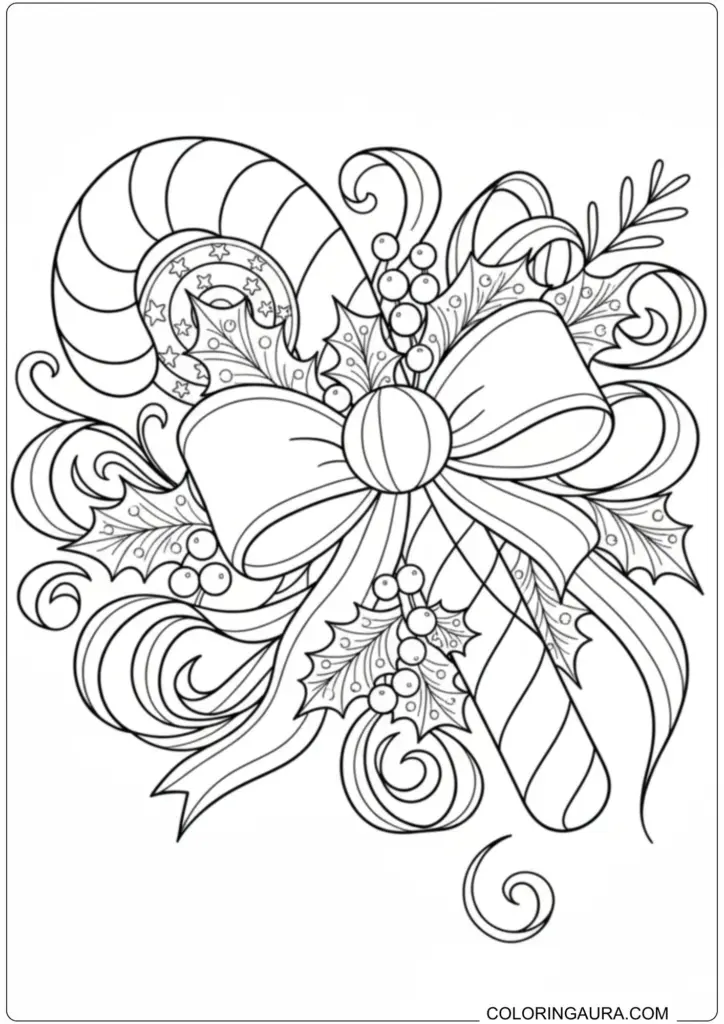 Intricate Christmas coloring page featuring a striped candy cane with a large bow, holly, and swirls.