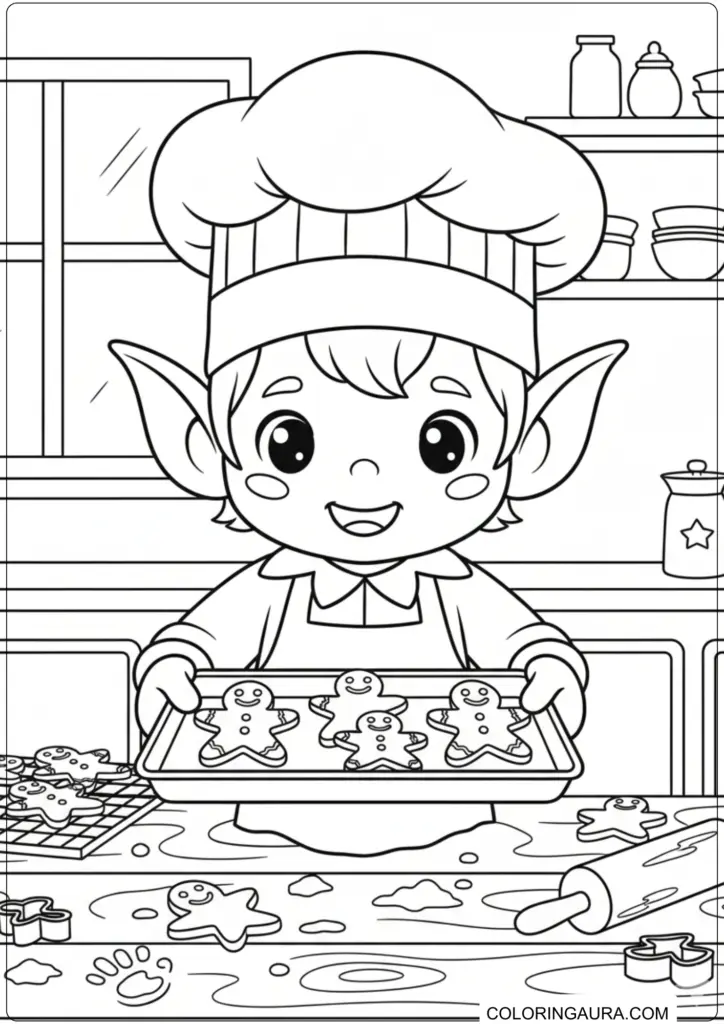 Happy elf chef holding a tray of gingerbread cookies in the kitchen printable coloring page.