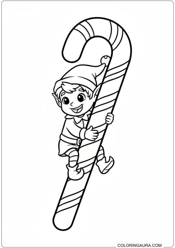 Printable Christmas coloring page of a smiling elf climbing a giant striped candy cane.