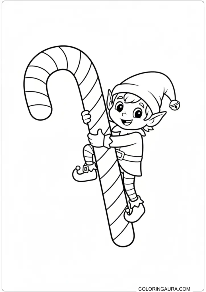 Cute smiling elf climbing a large striped candy cane printable coloring page.