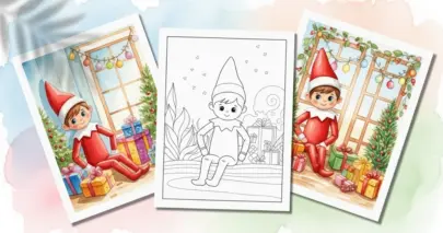 Christmas elf coloring page with gifts shown alongside colored watercolor examples.