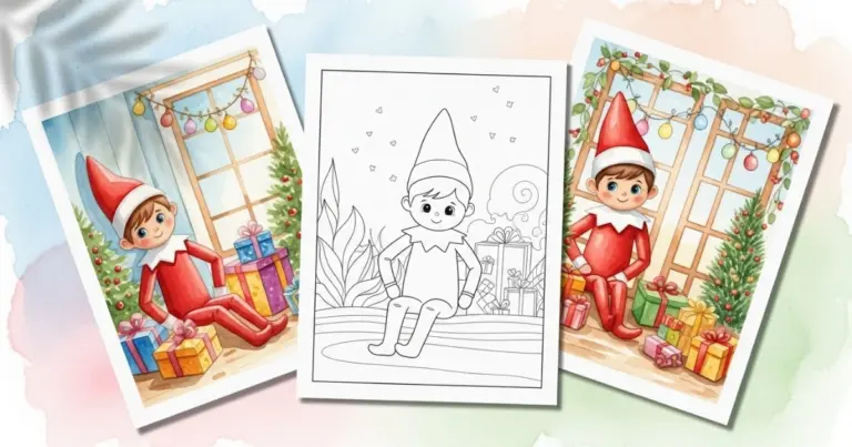 Christmas elf coloring page with gifts shown alongside colored watercolor examples.