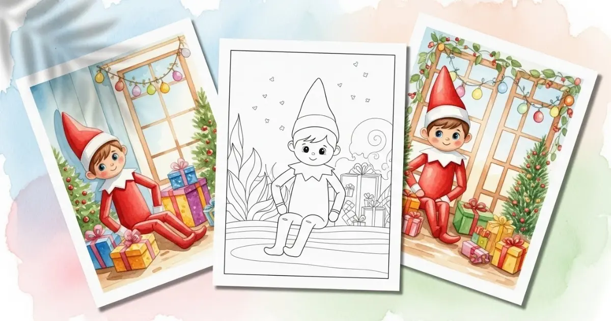 Christmas elf coloring page with gifts shown alongside colored watercolor examples.