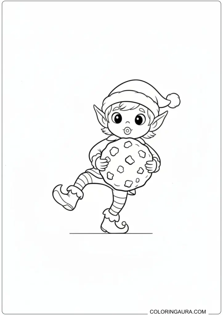 Cute elf balancing on one foot holding a giant cookie printable coloring page.
