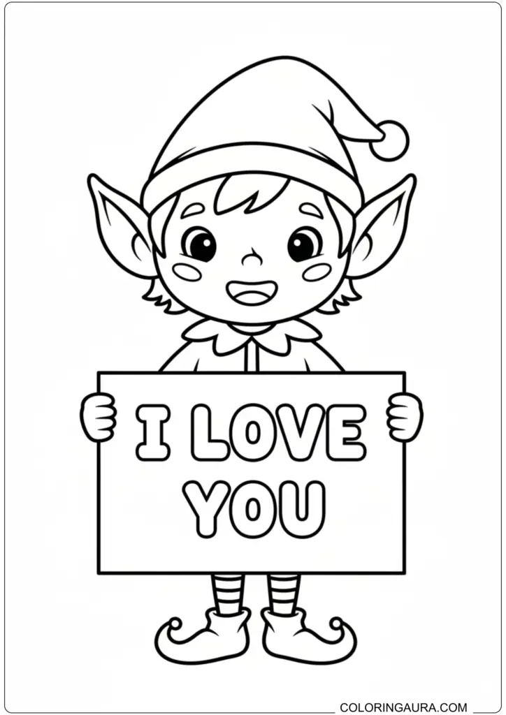 Cute smiling elf holding a sign reading I LOVE YOU, printable coloring page for kids.