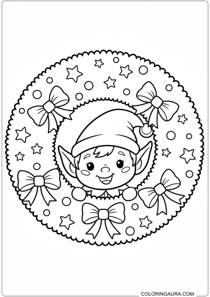 Cute smiling elf peeking through a Christmas wreath decorated with stars and bows coloring page.