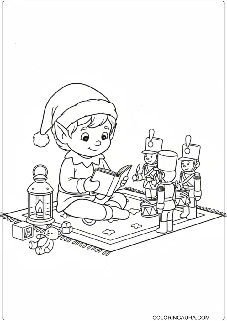 Christmas elf reading storybook to toy soldiers and teddy bear printable coloring page.