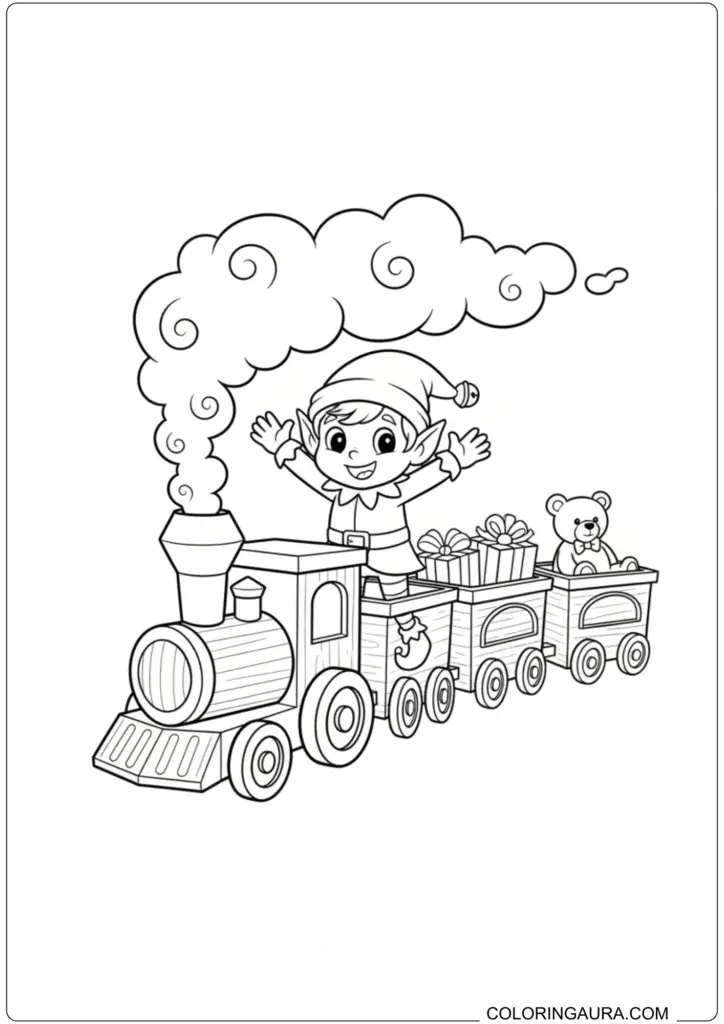 Happy Christmas elf riding a toy train with gifts and teddy bear printable coloring page.