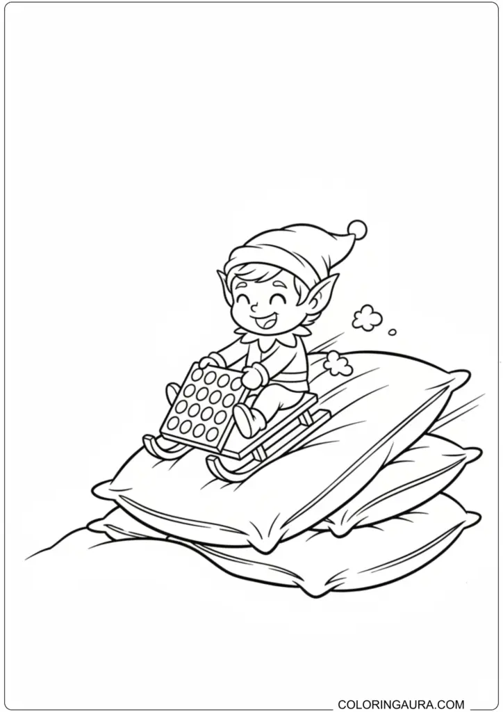 Playful Christmas elf sledding down a stack of pillows, printable coloring page for kids.