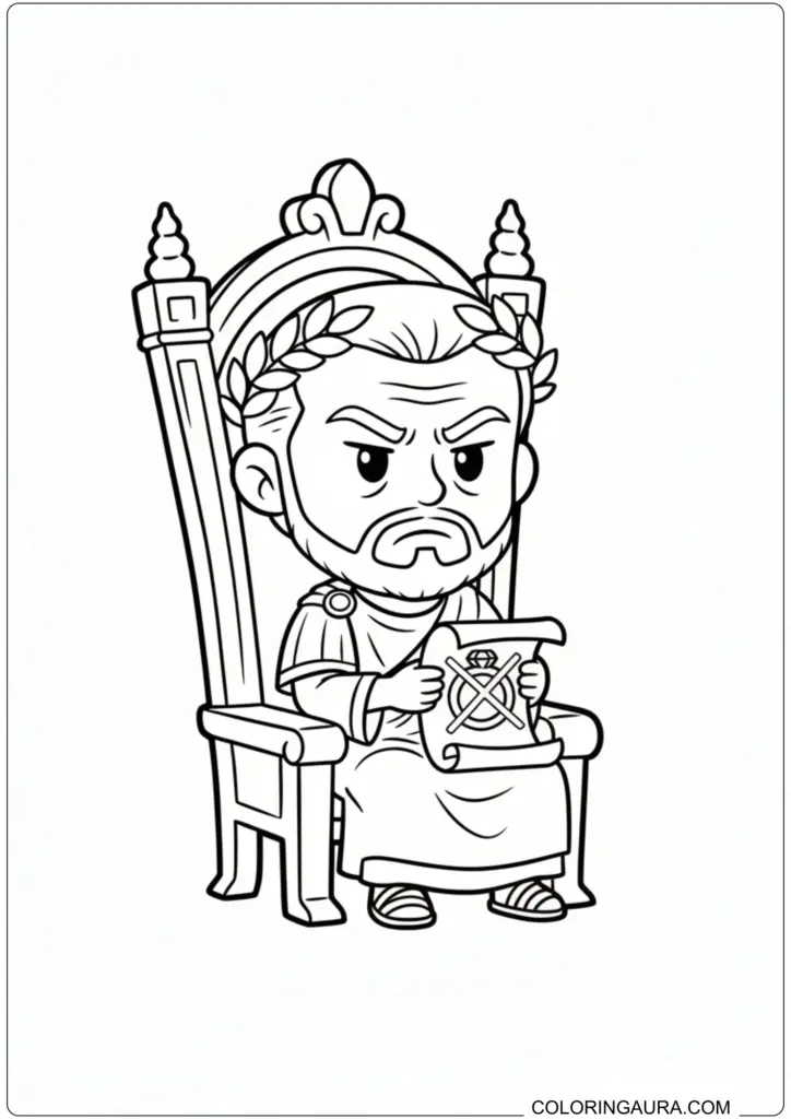 Angry Emperor Claudius II sitting on a throne holding a scroll banning marriage