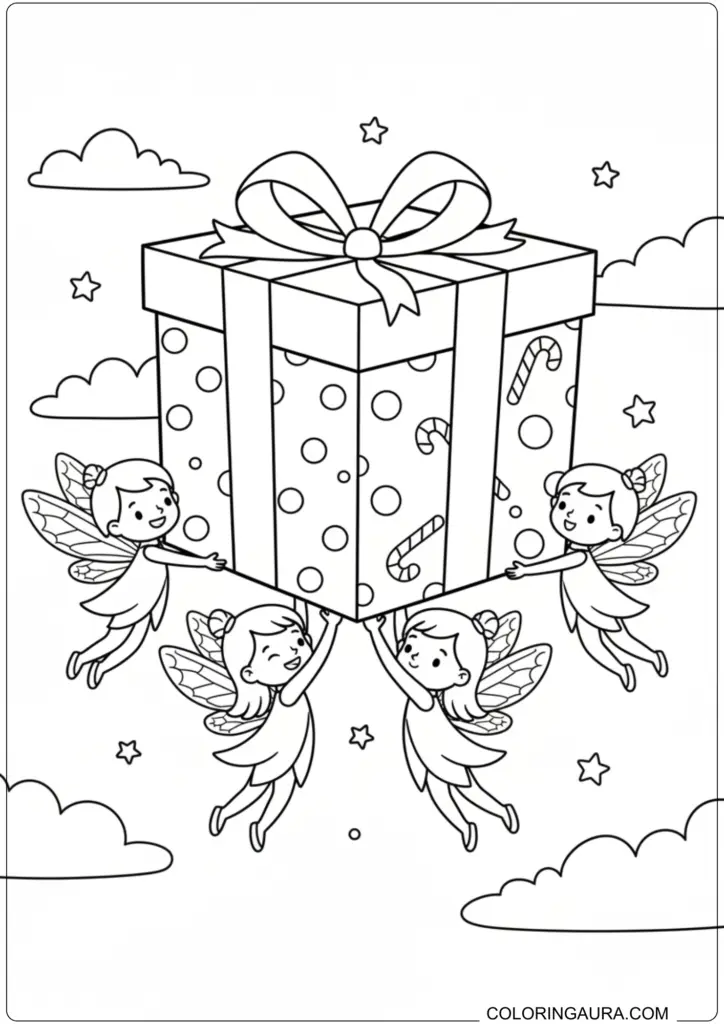 Printable coloring page of four cute fairies flying while carrying a large decorated gift box.