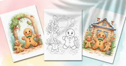 Watercolor and line art image of cheerful gingerbread man family in a garden setting.