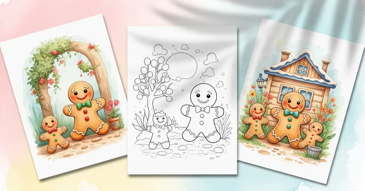 Watercolor and line art image of cheerful gingerbread man family in a garden setting.