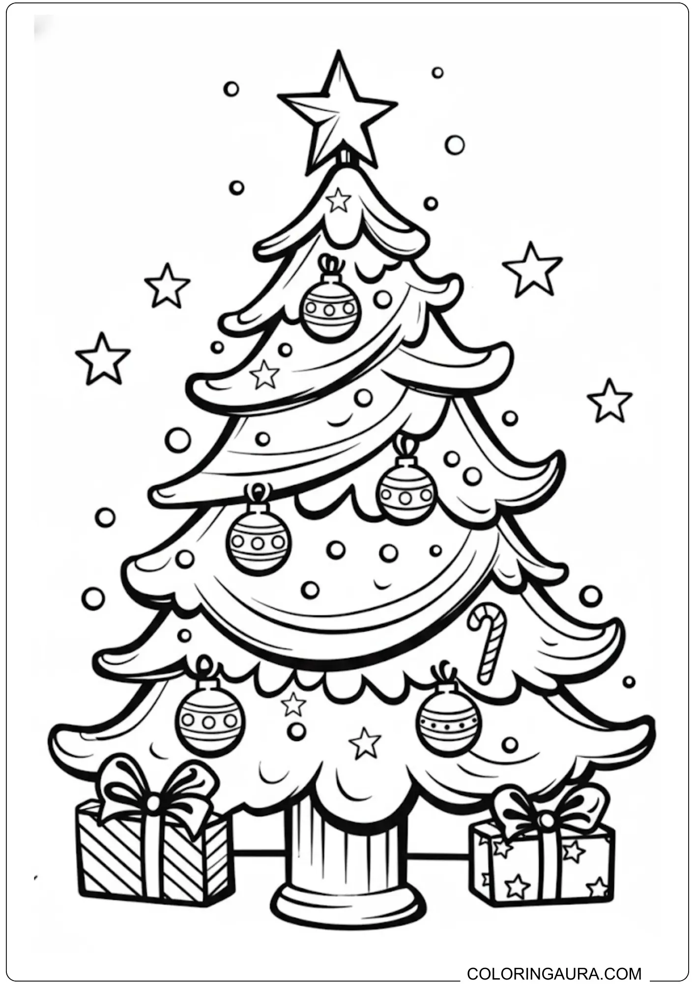 A black and white outline drawing of a decorated Christmas tree with ornaments, a star, and presents underneath, suitable for coloring.