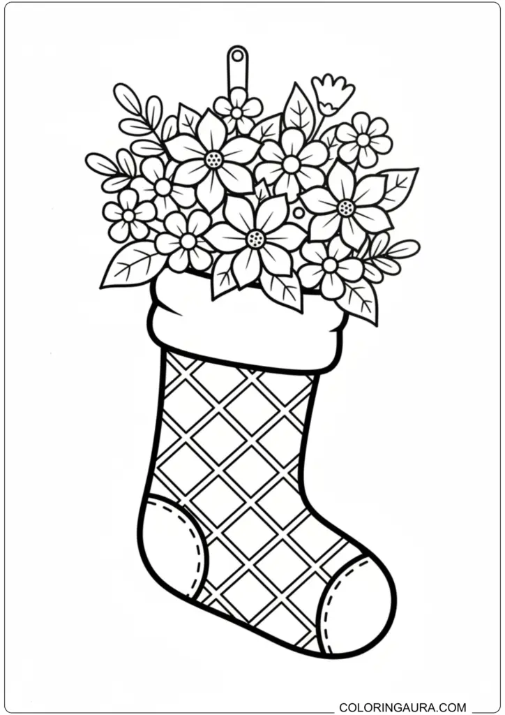 Christmas stocking coloring page filled with poinsettias and flowers featuring a diamond quilt pattern.