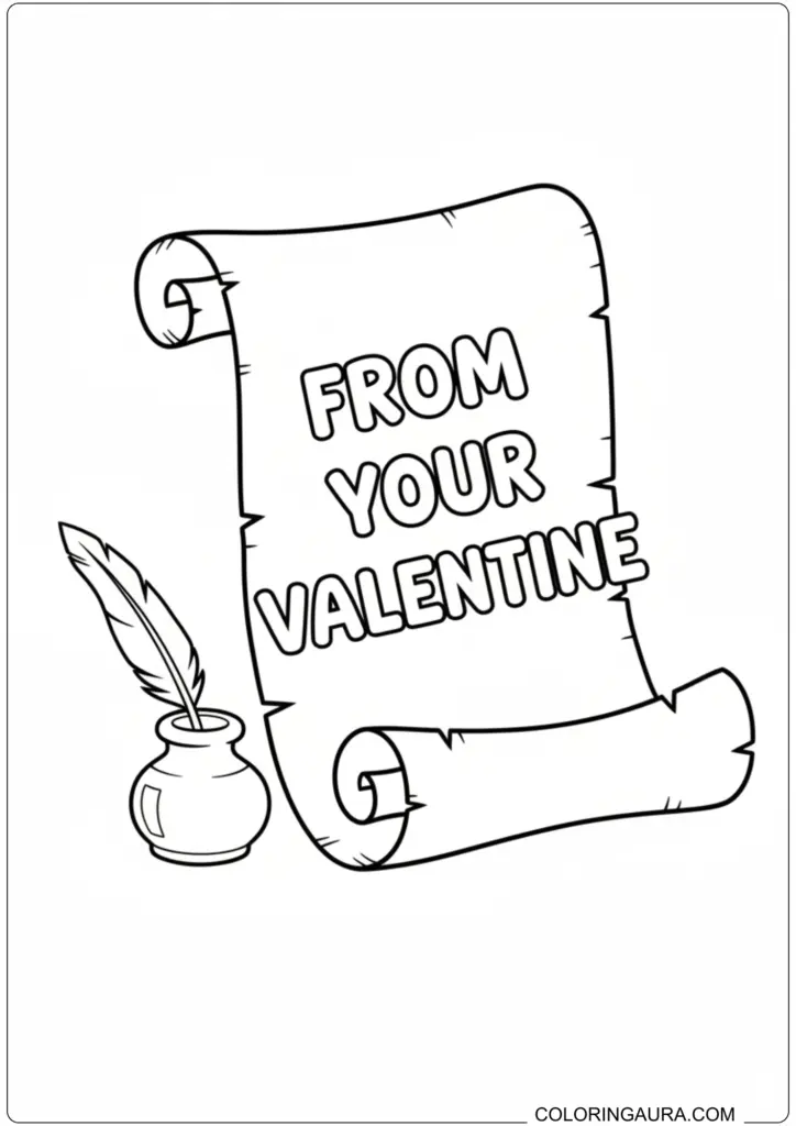 Ancient scroll reading From Your Valentine next to a quill and ink pot