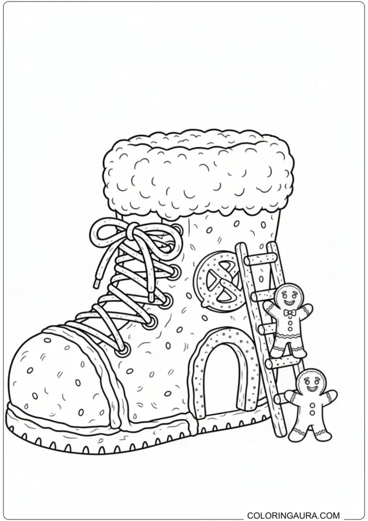 Gingerbread boot house coloring page with ladder, laces, and two playful gingerbread men.