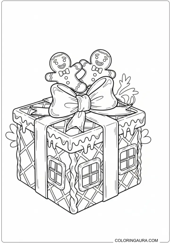 Printable coloring page featuring a gingerbread gift box house topped with smiling gingerbread men.