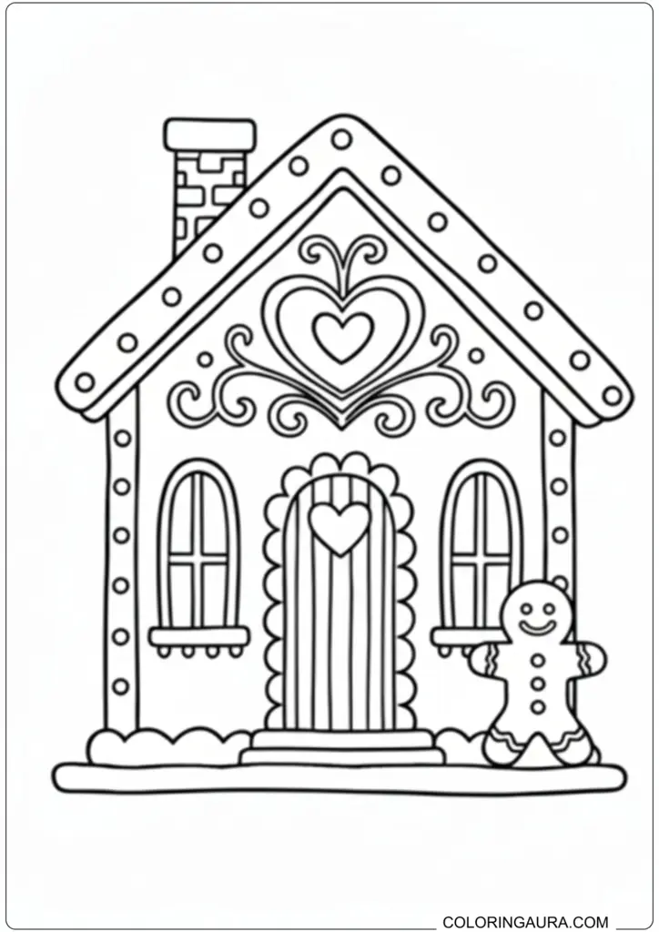 Gingerbread house coloring page featuring heart decorations, candy details, and a smiling gingerbread man.