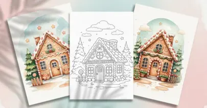 Printable gingerbread house coloring page displayed with two finished watercolor examples for inspiration.