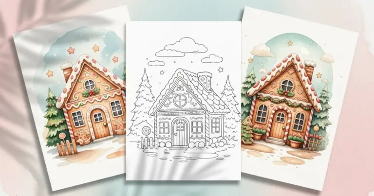 Printable gingerbread house coloring page displayed with two finished watercolor examples for inspiration.