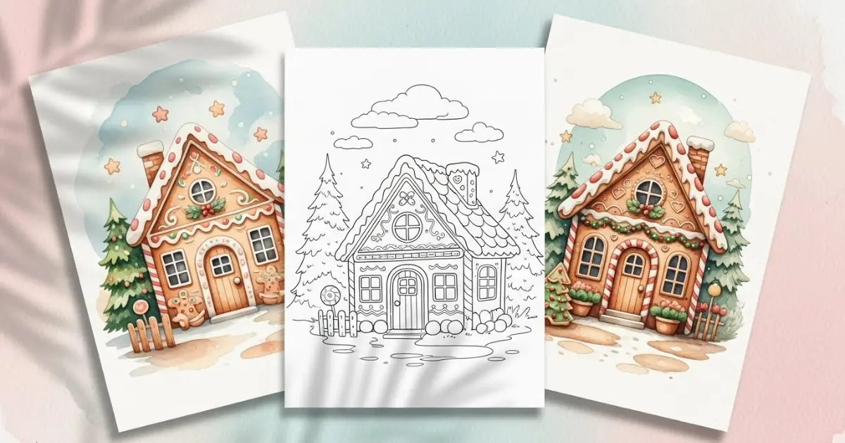 Printable gingerbread house coloring page displayed with two finished watercolor examples for inspiration.