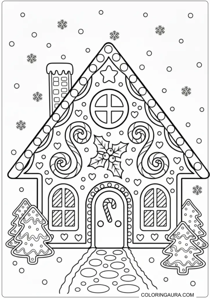 Detailed gingerbread house coloring page featuring central holly leaves, candy swirls, and snowy cookie trees.
