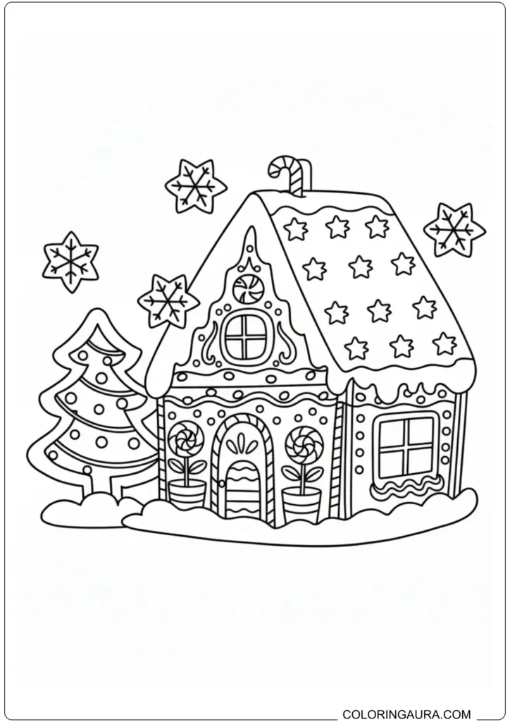 Gingerbread house coloring page featuring a star-patterned roof, falling snowflakes, and a Christmas tree.