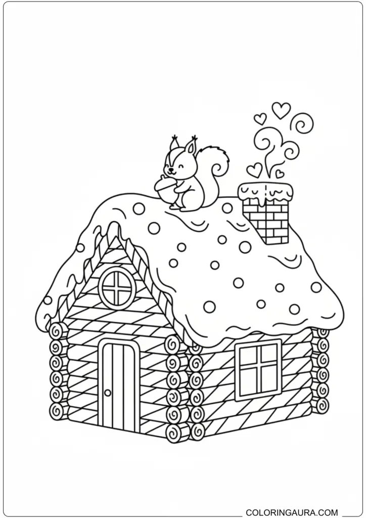 Printable coloring page featuring a snowy log cabin with a cute squirrel holding an acorn.