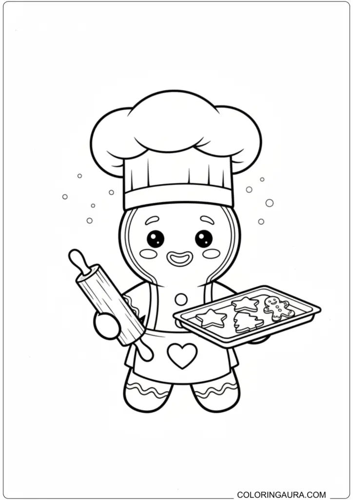 Cute baking coloring page of a gingerbread man chef holding a rolling pin and tray of cookies.