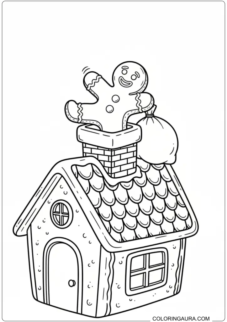 Printable coloring page featuring a gingerbread man popping out of a gingerbread house chimney.