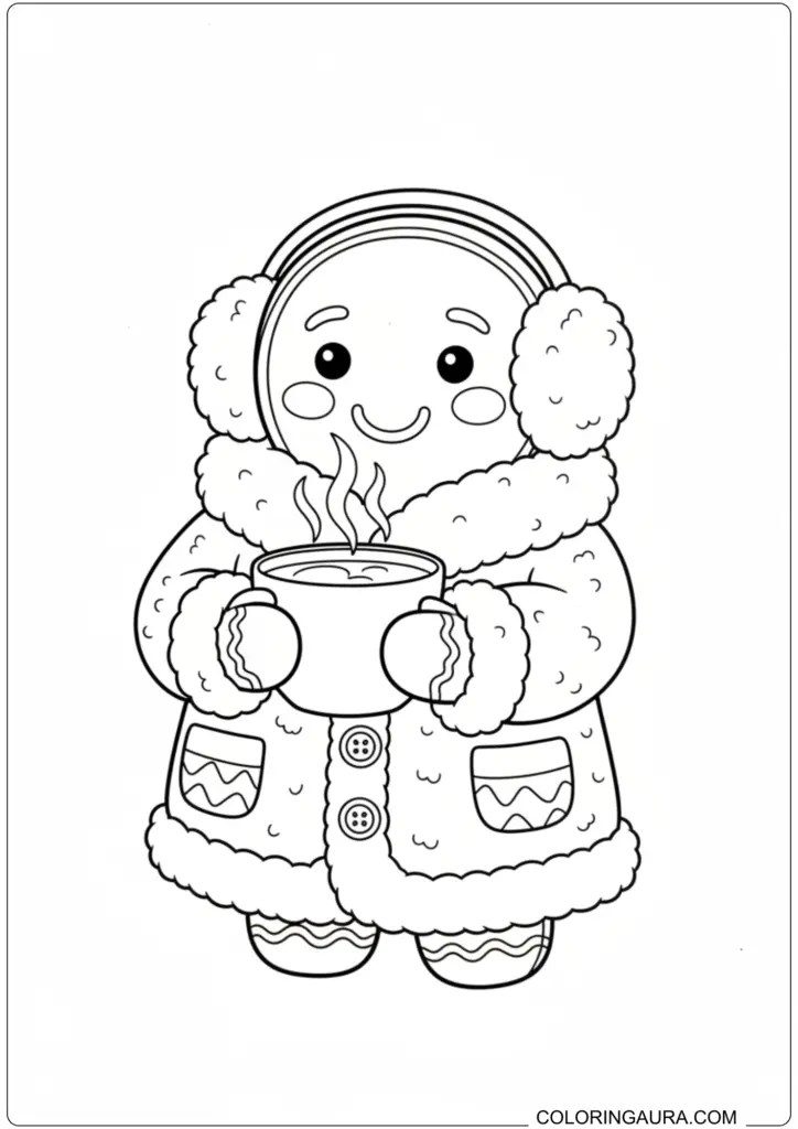 Cute gingerbread man coloring page in a warm coat and earmuffs, holding a steaming cup of hot cocoa.