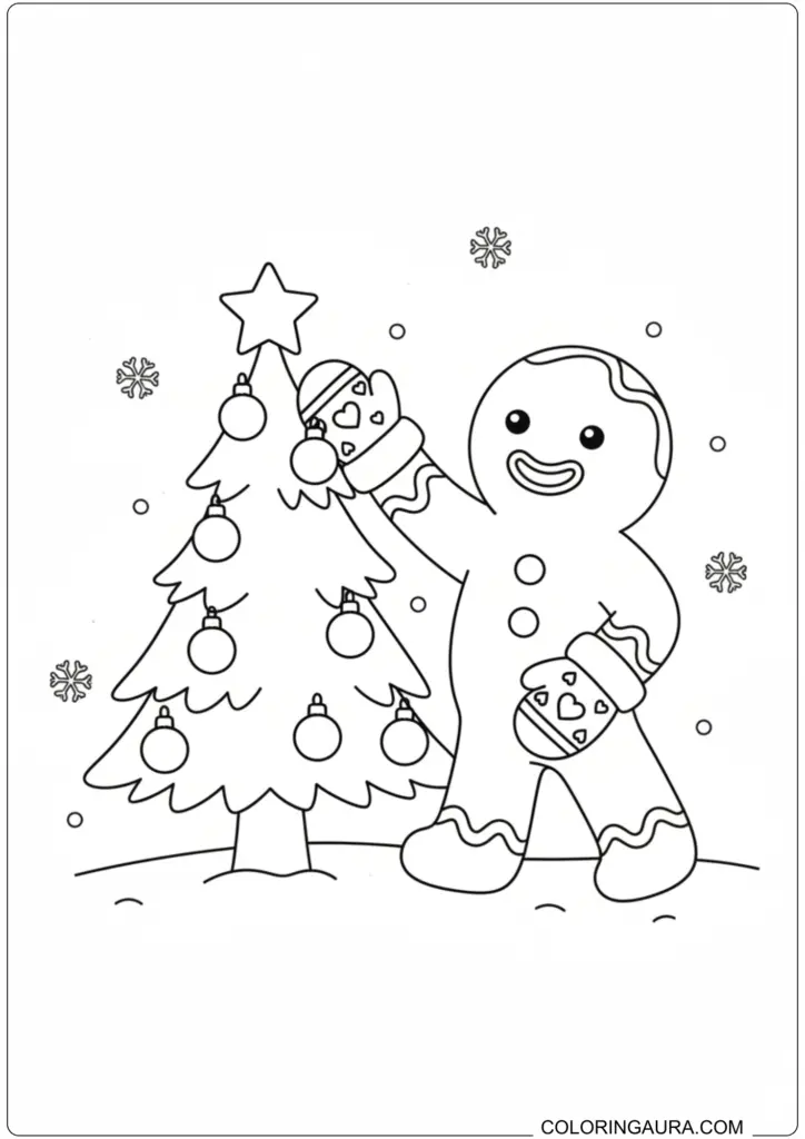 Cheerful gingerbread man coloring page in mittens decorating a small outdoor Christmas tree with a star.