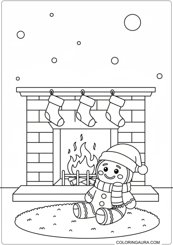 Cozy Christmas coloring page of a gingerbread man sitting by a fireplace with hanging stockings