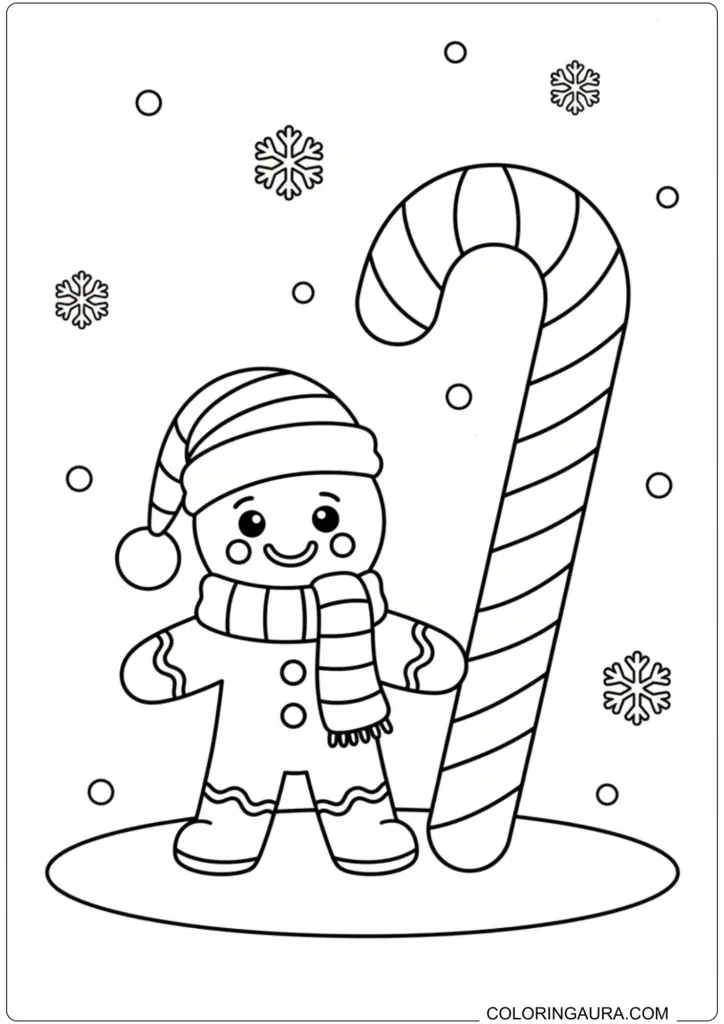 Cute gingerbread man coloring page in a striped hat and scarf standing next to a giant striped candy cane.