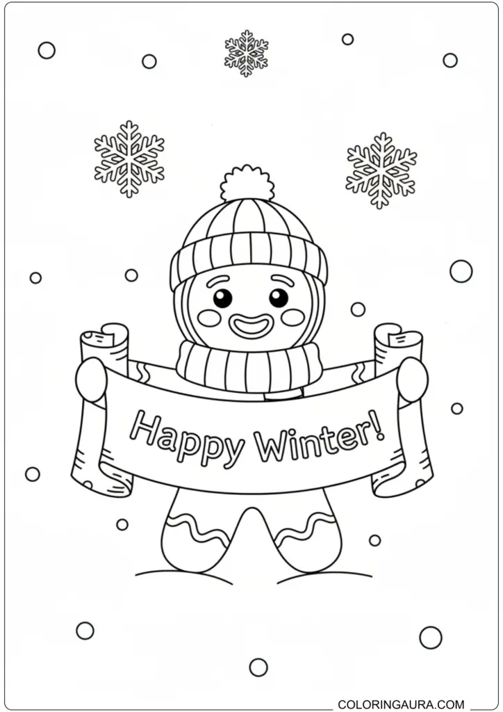 Winter holiday coloring page of a gingerbread man holding a "Happy Winter!" banner in the snow.
