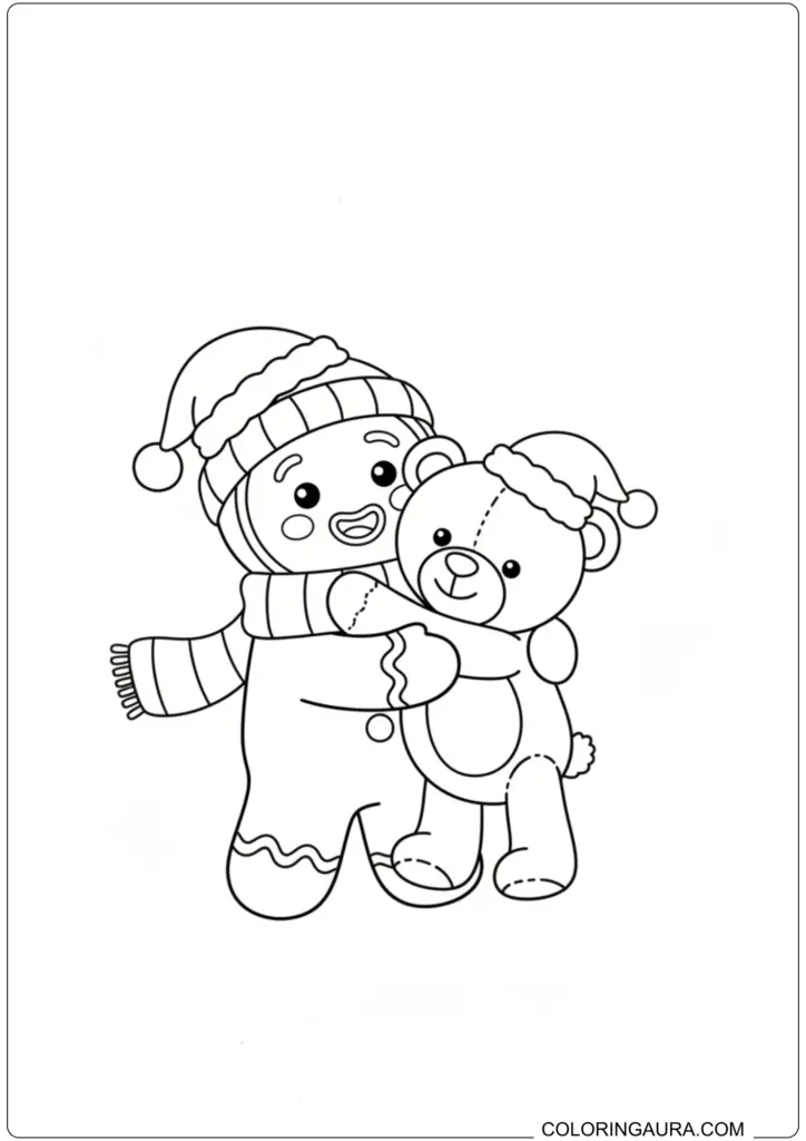 Sweet Christmas coloring page of a gingerbread man hugging a small teddy bear wearing a Santa hat.