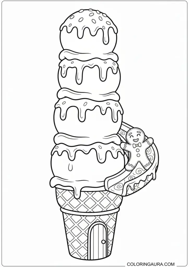 Tall ice cream cone house coloring page with four scoops and a sliding gingerbread man.