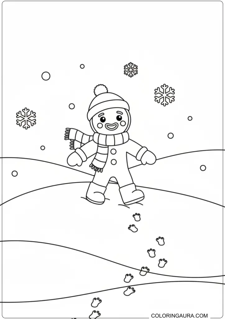 Black and white coloring page of a happy gingerbread man wearing a scarf and hat, ice skating on a snowy rink.